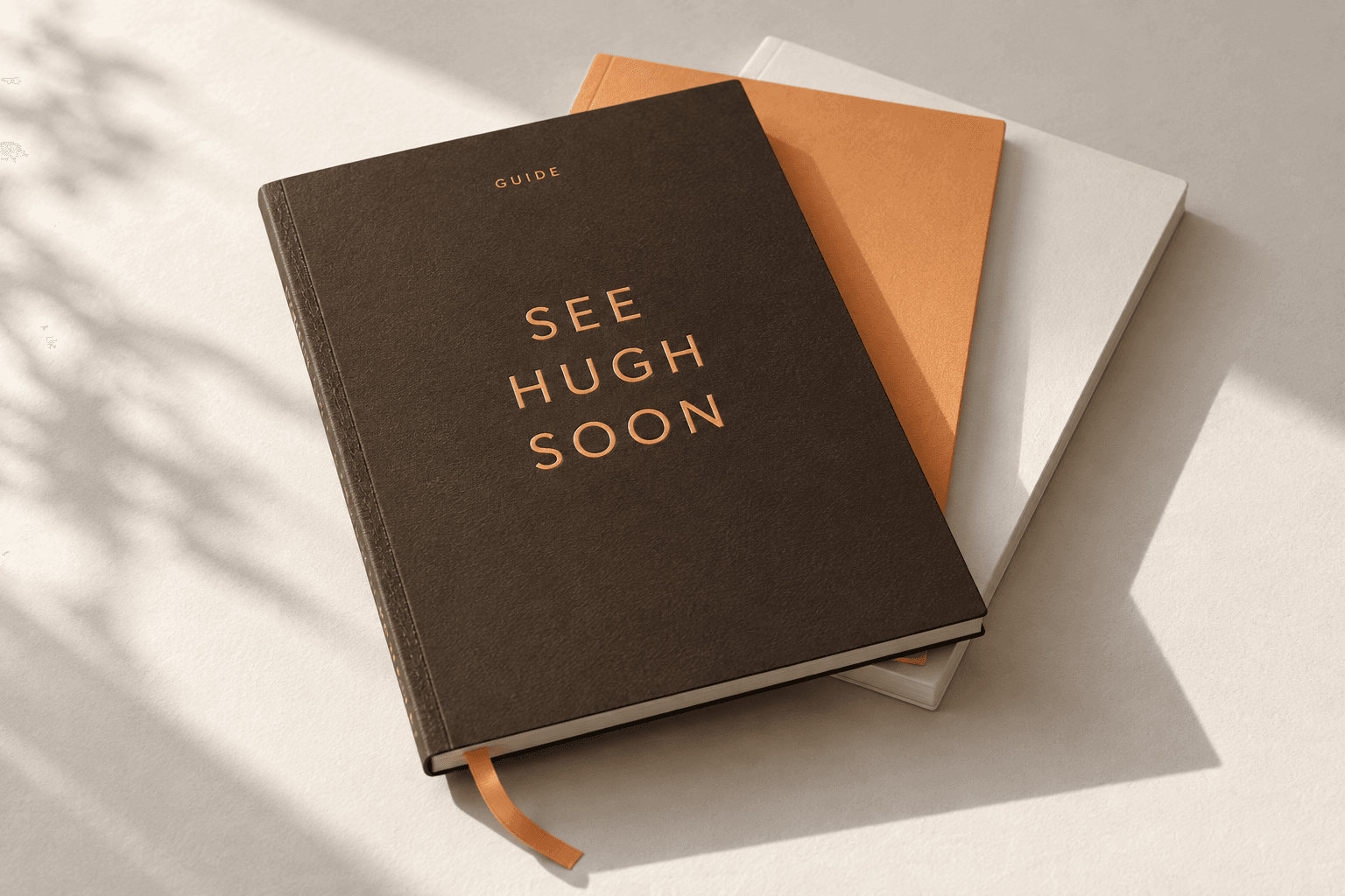 브라운·오렌지·화이트 가이드북과 SEE HUGH SOON 표지의 AI 목업